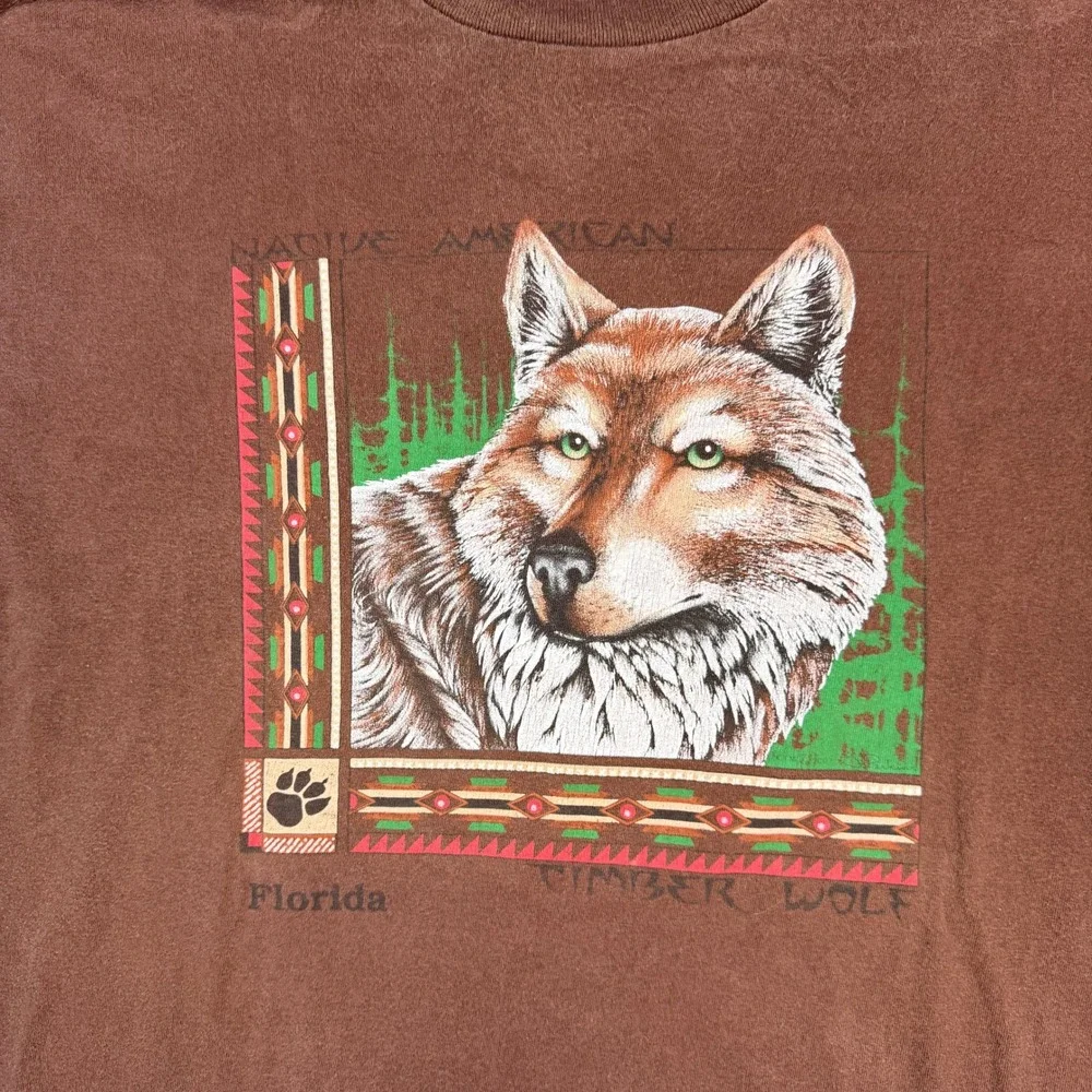 Vintage Mens XXL T-Shirt Brown Timber Wolf Native American Florida Shirt USA - Picture 2 of 8